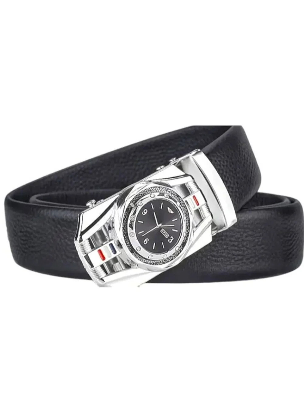 Elegant Fashion Men Belt Iron Silver Buckle PU Leather Black Length 49 in